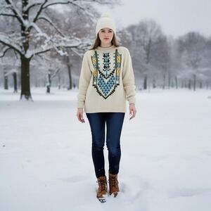 Vtg 60s 70s Sweater Womens Medium  Embroidered Fair Isle Crew Neck Cottage‎ Ski